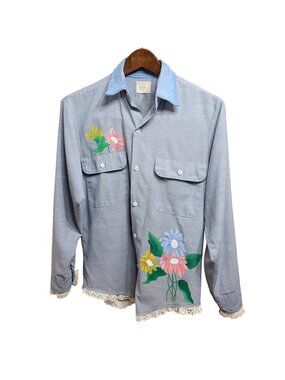 VTG 70s JCPenney Big Mac Work Shirt Hand Painted Floral Lace Trim Boho M/L